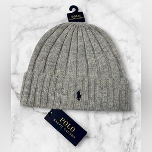 Polo RALPH LAUREN Logo Pony Gray WOOL Knit Cuffed Beanie HAT Cap Mens NWT